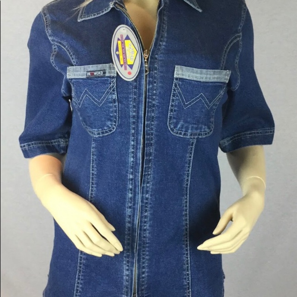 Indigo blue denim stonewashed Password shirt- jacket full lenght zipper stretch